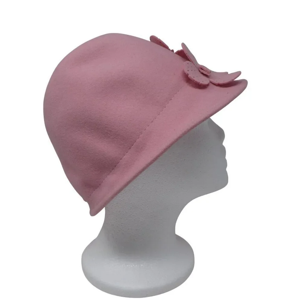 Vintage Ophelie Pink Wool Felt Flower Detail Bucket Cloche‎ Hat